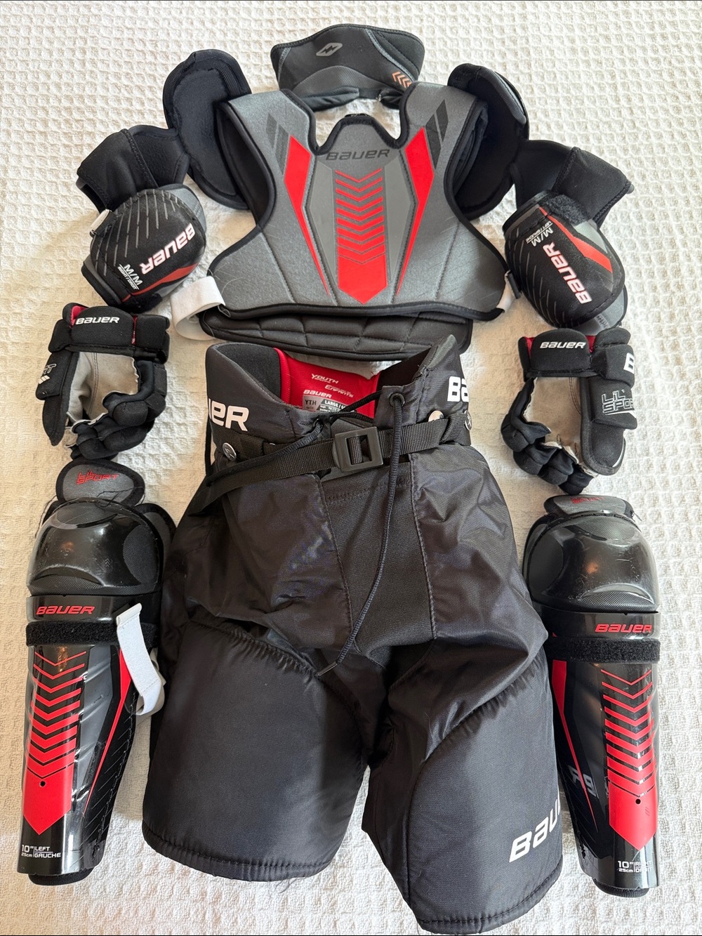 Bauer Black, Red & Gray Youth Hockey Gear Set w/ Bauer Bag—Fit size 6/7